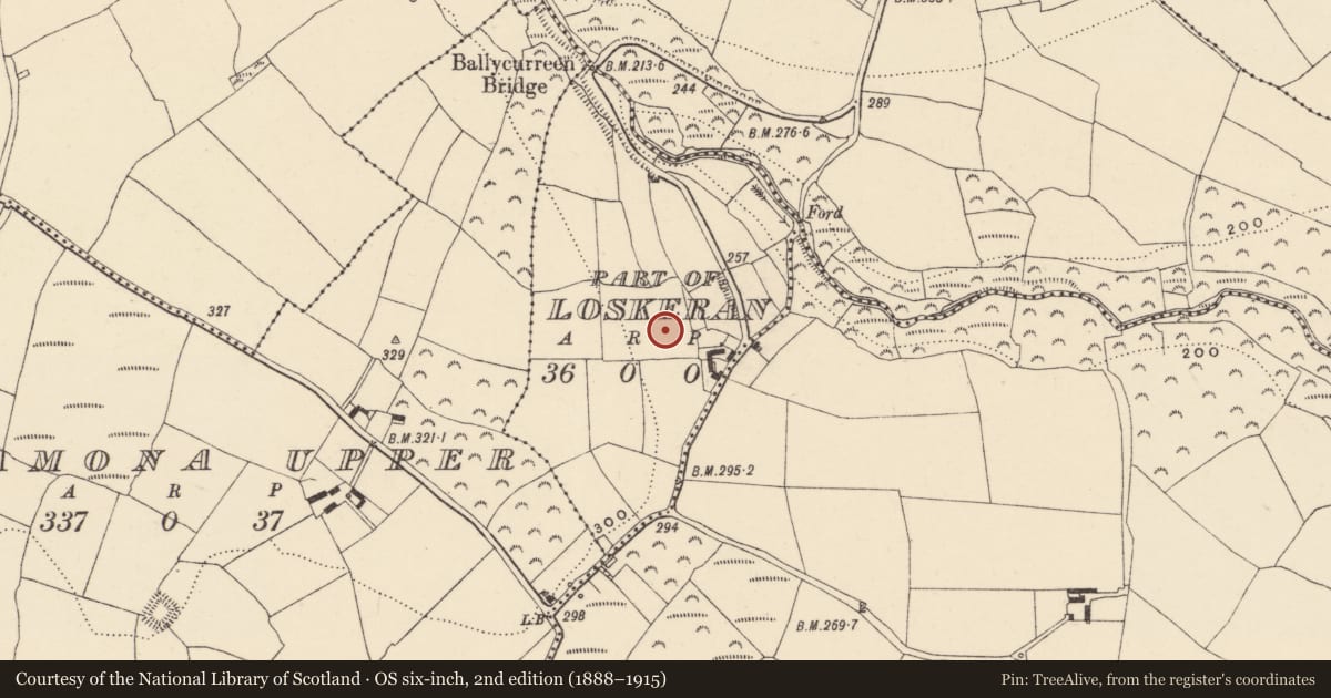 Ordnance Survey six-inch map, 2nd edition (1888–1915) covering the location of Church, Loiscreán, County Waterford, with a pin at the register's coordinates