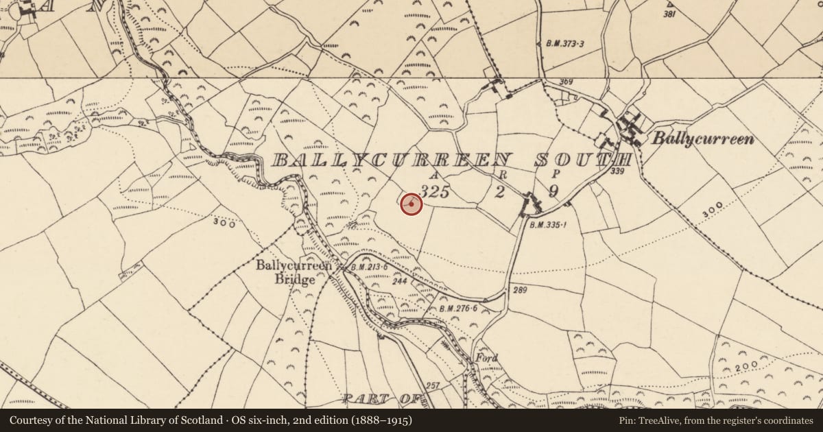 Ordnance Survey six-inch map, 2nd edition (1888–1915) covering the location of House - indeterminate date, Baile Uí Churraoin Theas, County Waterford, with a pin at the register's coordinates