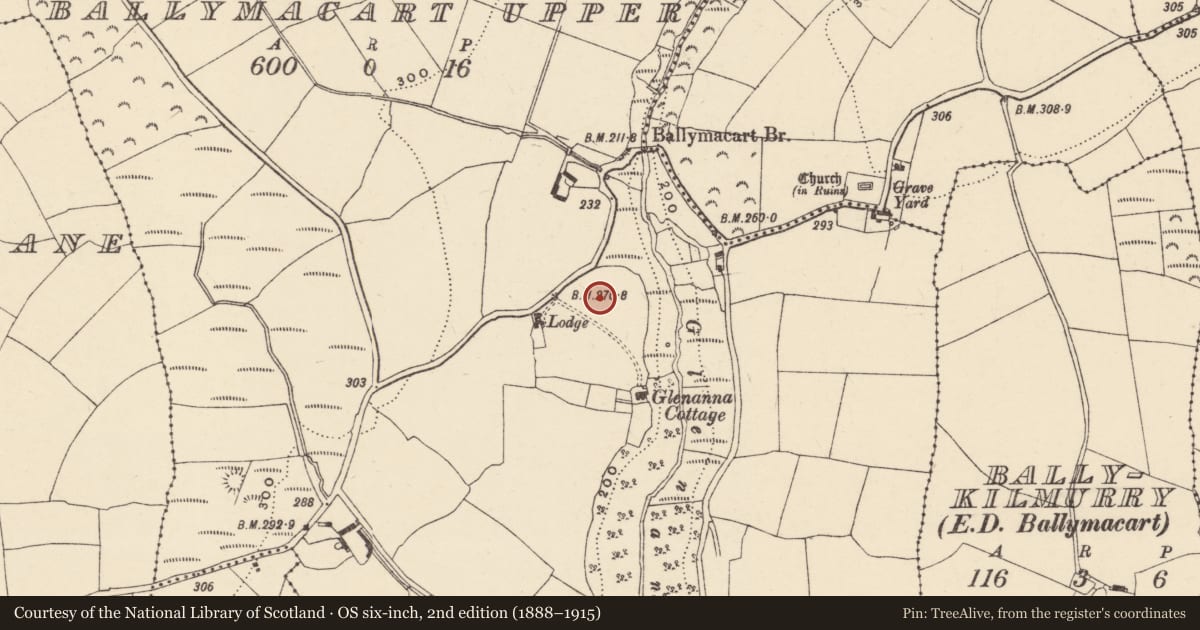 Ordnance Survey six-inch map, 2nd edition (1888–1915) covering the location of Standing stone, Baile Mhac Airt Uachtarach, County Waterford, with a pin at the register's coordinates