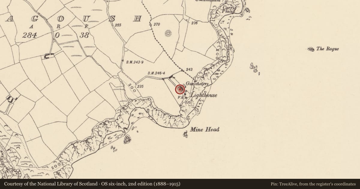 Ordnance Survey six-inch map, 2nd edition (1888–1915) covering the location of Signal tower, Monagoush, County Waterford, with a pin at the register's coordinates