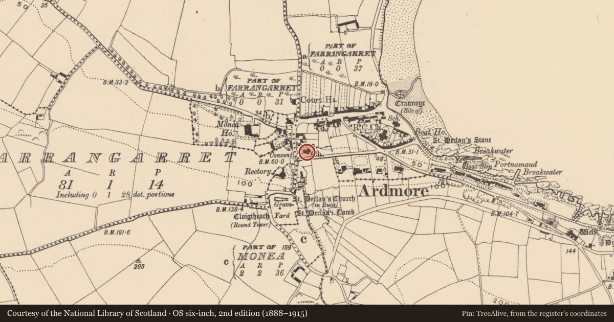 Ordnance Survey six-inch map, 2nd edition (1888–1915) covering the location of Font (present location), Duffcarrick, County Waterford, with a pin at the register's coordinates