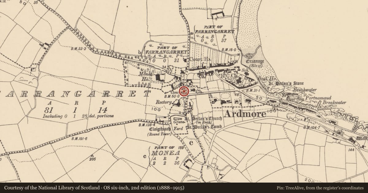 Ordnance Survey six-inch map, 2nd edition (1888–1915) covering the location of Cross, Farrangarret, County Waterford, with a pin at the register's coordinates