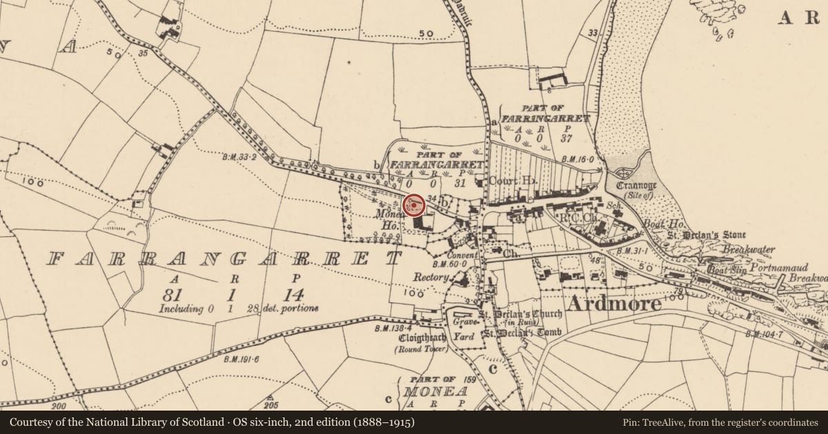Ordnance Survey six-inch map, 2nd edition (1888–1915) covering the location of Cross (present location), Monea, County Waterford, with a pin at the register's coordinates