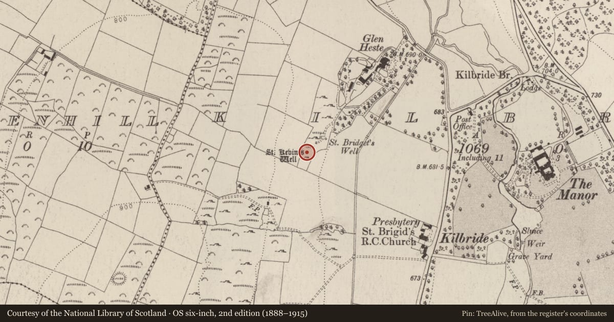 Ordnance Survey six-inch map, 2nd edition (1888–1915) covering the location of Ritual site - holy well, Kilbride, County Wicklow, with a pin at the register's coordinates