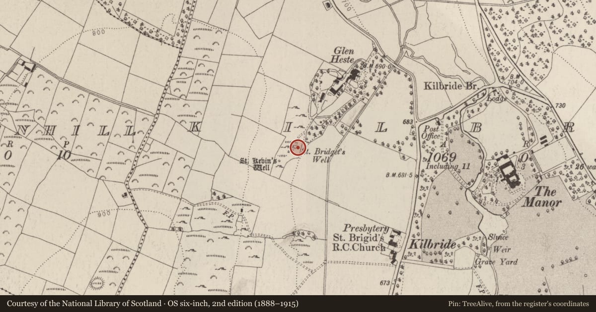 Ordnance Survey six-inch map, 2nd edition (1888–1915) covering the location of Ritual site - holy well, Kilbride, County Wicklow, with a pin at the register's coordinates
