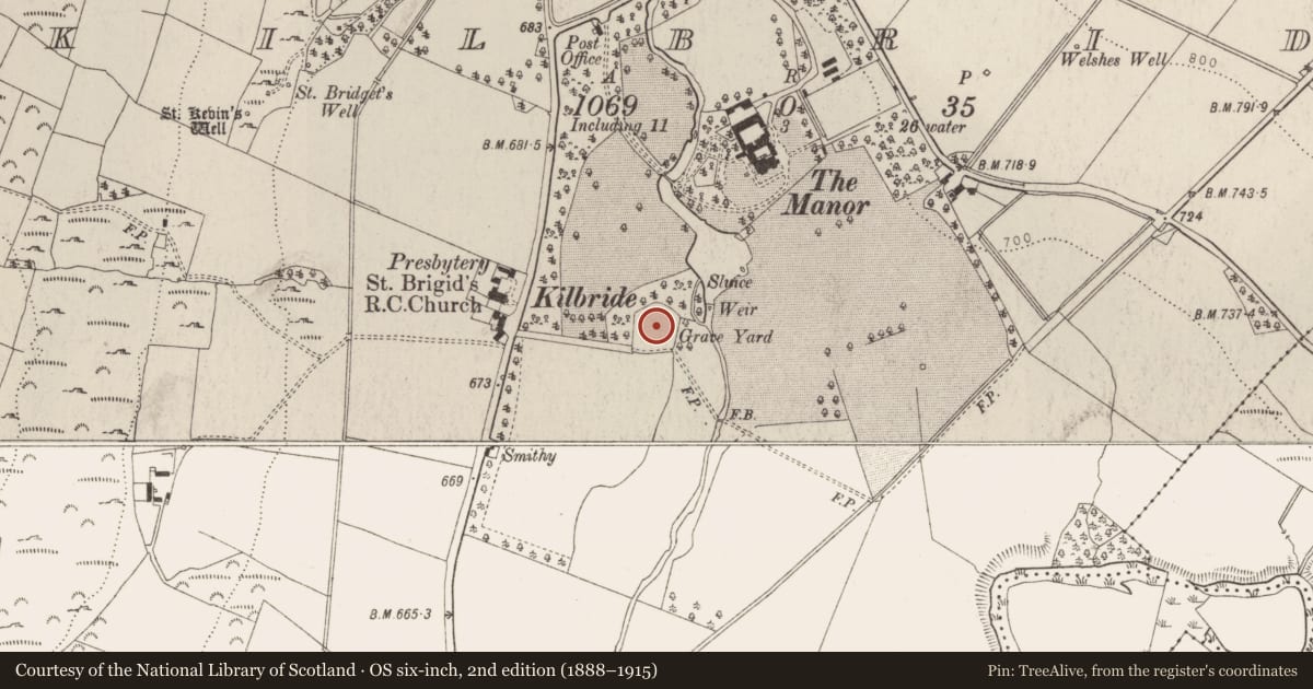 Ordnance Survey six-inch map, 2nd edition (1888–1915) covering the location of Graveyard, Kilbride, County Wicklow, with a pin at the register's coordinates