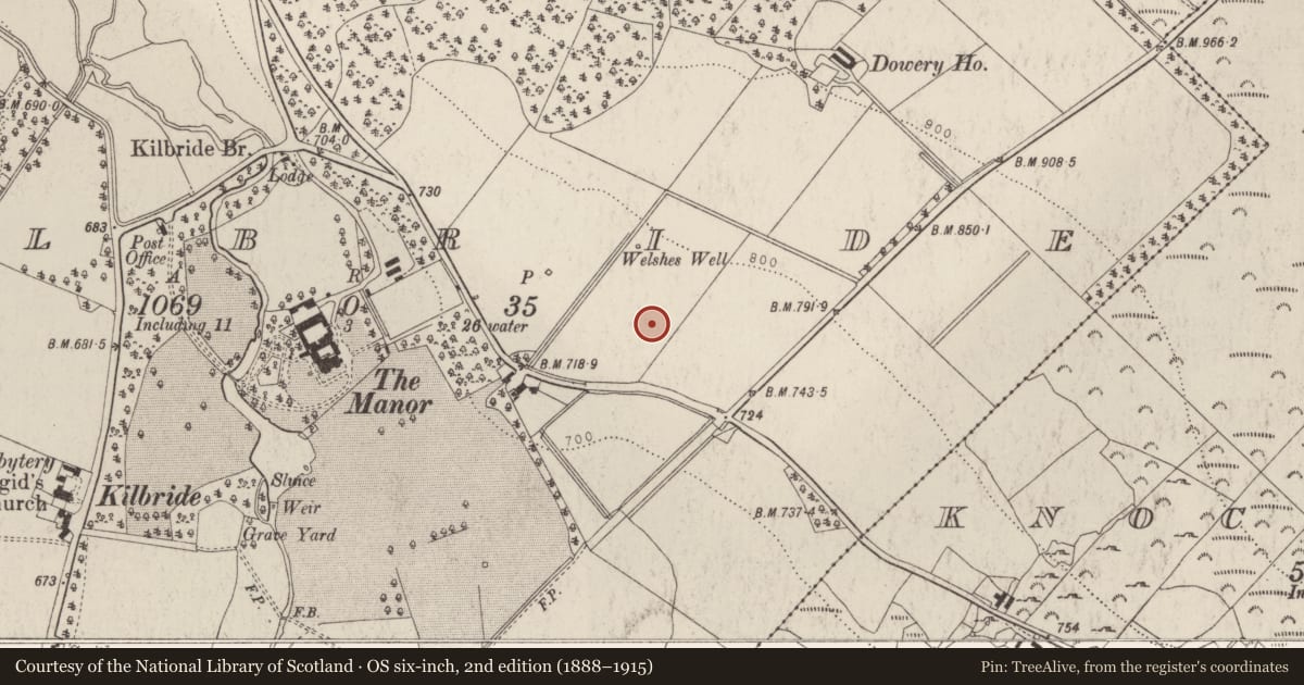Ordnance Survey six-inch map, 2nd edition (1888–1915) covering the location of Pit-burial, Kilbride, County Wicklow, with a pin at the register's coordinates