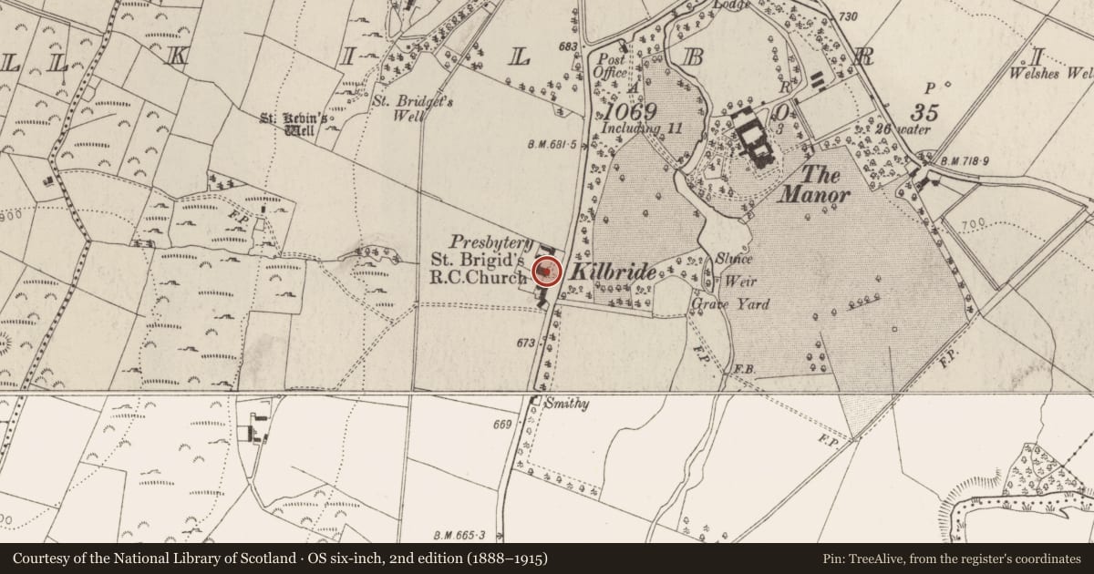 Ordnance Survey six-inch map, 2nd edition (1888–1915) covering the location of Font (present location), Kilbride, County Wicklow, with a pin at the register's coordinates