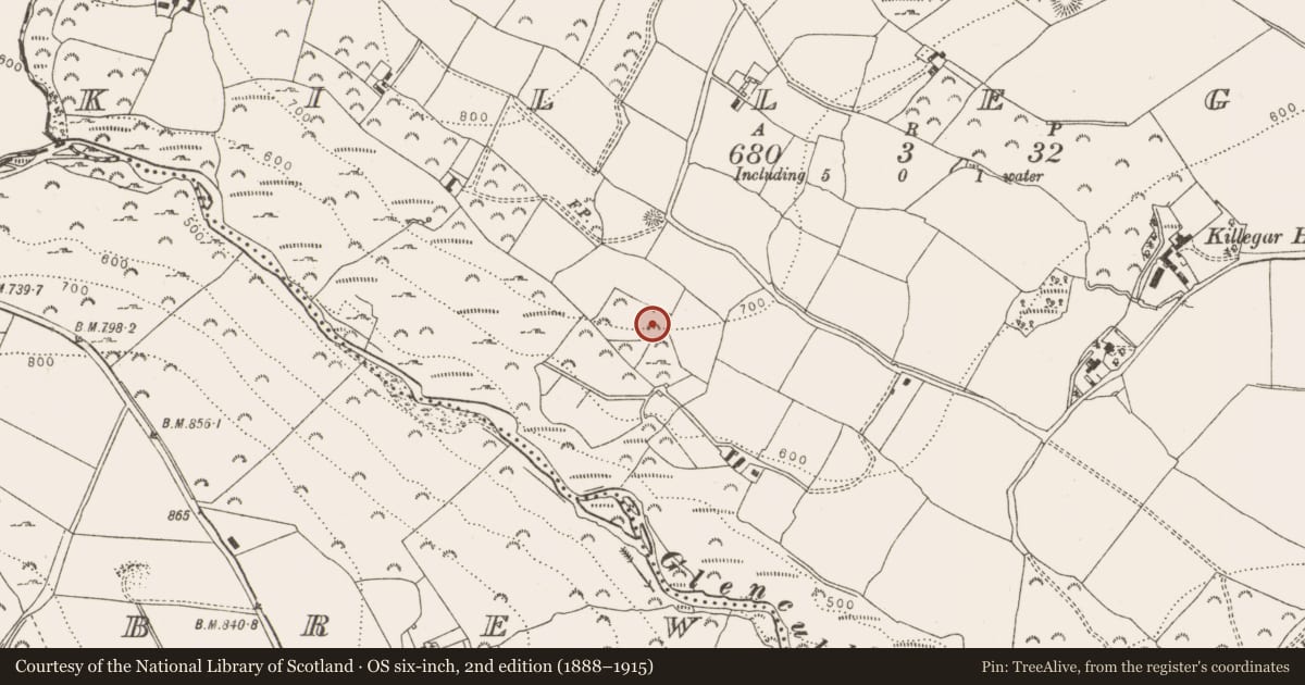 Ordnance Survey six-inch map, 2nd edition (1888–1915) covering the location of Enclosure, Killegar, County Wicklow, with a pin at the register's coordinates