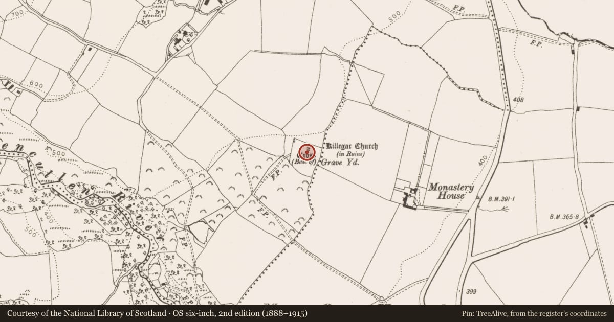 Ordnance Survey six-inch map, 2nd edition (1888–1915) covering the location of Cross, Killegar, County Wicklow, with a pin at the register's coordinates
