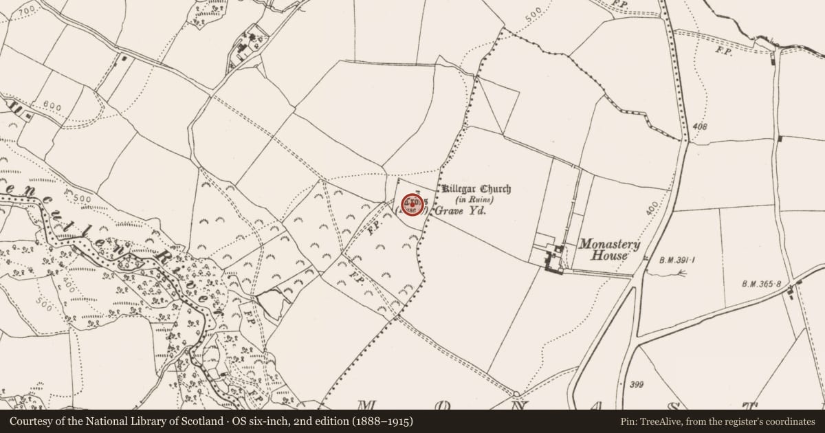 Ordnance Survey six-inch map, 2nd edition (1888–1915) covering the location of Graveyard, Killegar, County Wicklow, with a pin at the register's coordinates