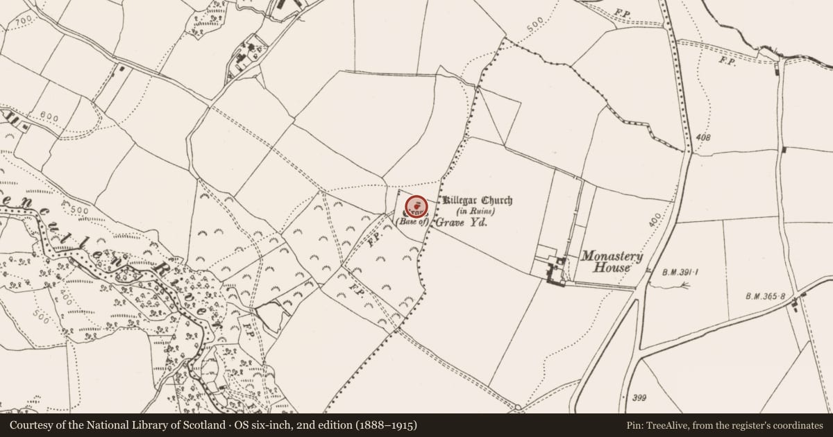 Ordnance Survey six-inch map, 2nd edition (1888–1915) covering the location of Cross-slab, Killegar, County Wicklow, with a pin at the register's coordinates