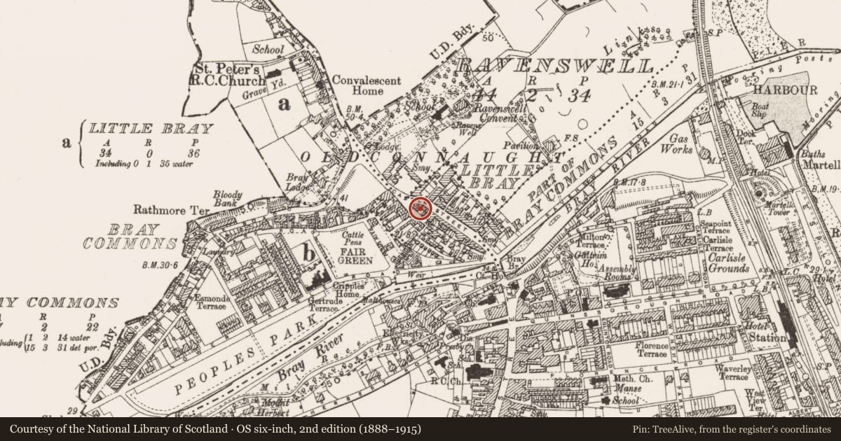 Ordnance Survey six-inch map, 2nd edition (1888–1915) covering the location of Castle - tower house, Little Bray, County Wicklow, with a pin at the register's coordinates