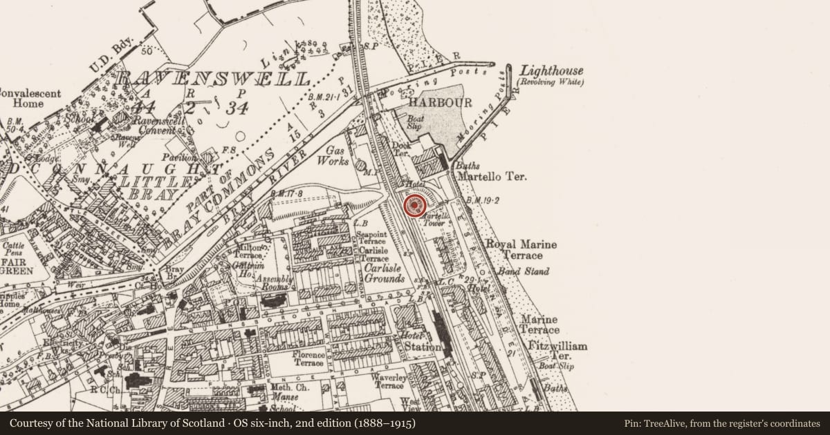 Ordnance Survey six-inch map, 2nd edition (1888–1915) covering the location of Martello tower, Bray, County Wicklow, with a pin at the register's coordinates