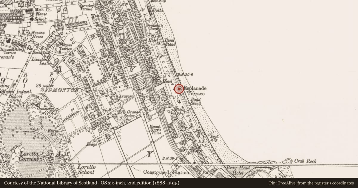 Ordnance Survey six-inch map, 2nd edition (1888–1915) covering the location of Martello tower, Bray, County Wicklow, with a pin at the register's coordinates