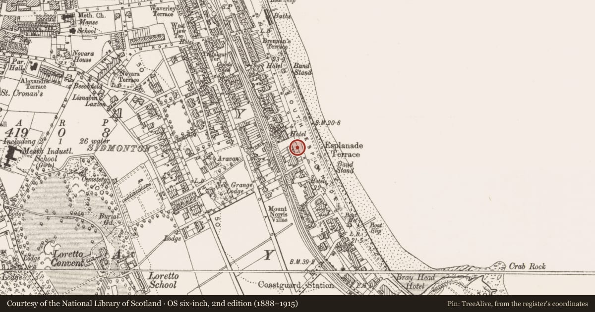 Ordnance Survey six-inch map, 2nd edition (1888–1915) covering the location of Burial, Bray, County Wicklow, with a pin at the register's coordinates