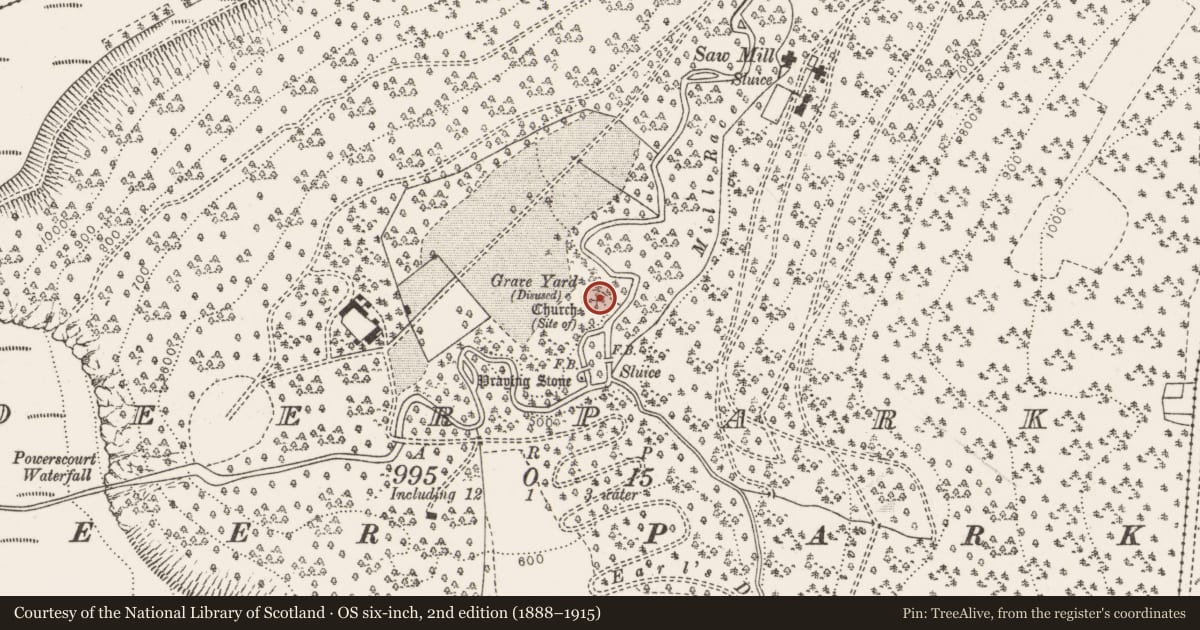 Ordnance Survey six-inch map, 2nd edition (1888–1915) covering the location of Church, Deerpark, County Wicklow, with a pin at the register's coordinates