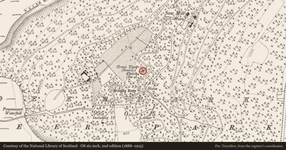Ordnance Survey six-inch map, 2nd edition (1888–1915) covering the location of Graveyard, Deerpark, County Wicklow, with a pin at the register's coordinates