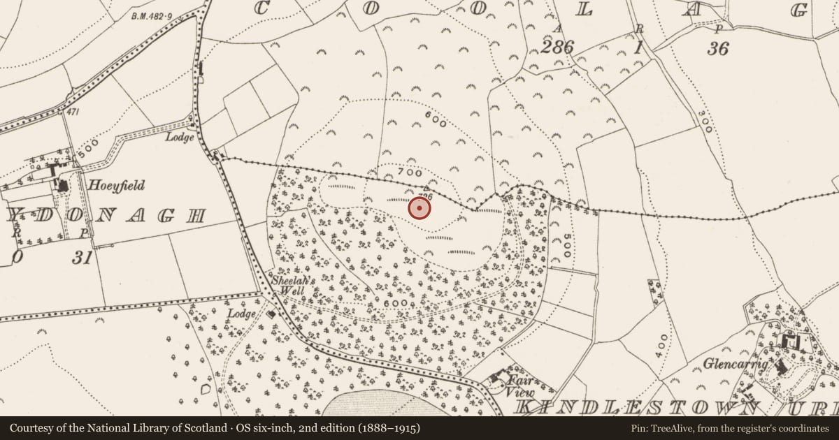 Ordnance Survey six-inch map, 2nd edition (1888–1915) covering the location of Hillfort, Coolagad, Kindlestown Upper, County Wicklow, with a pin at the register's coordinates