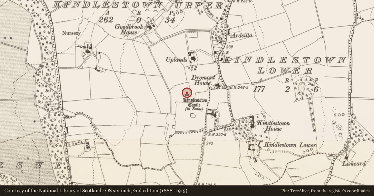 Ordnance Survey six-inch map, 2nd edition (1888–1915) covering the location of Bawn, Kindlestown Upper, County Wicklow, with a pin at the register's coordinates