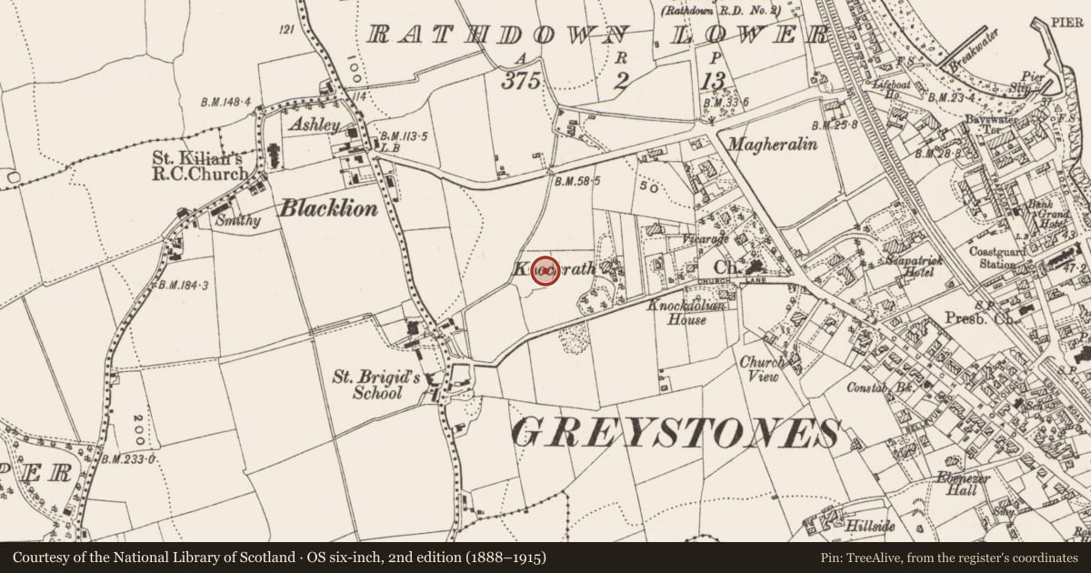 Ordnance Survey six-inch map, 2nd edition (1888–1915) covering the location of Ringfort - unclassified, Rathdown Lower, County Wicklow, with a pin at the register's coordinates
