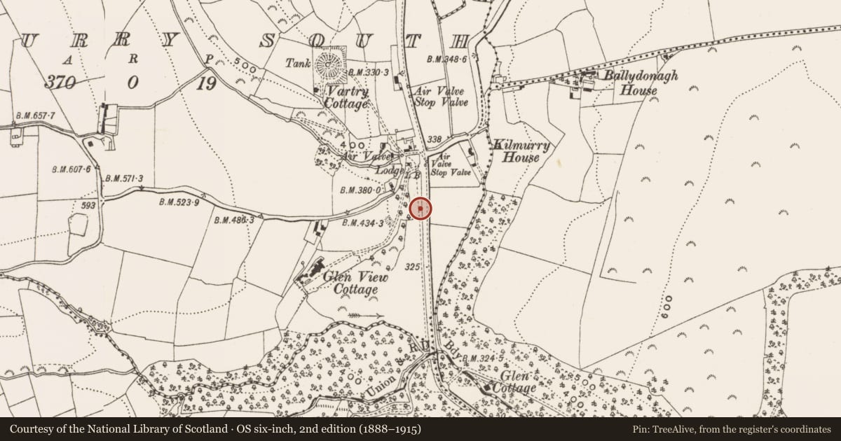 Ordnance Survey six-inch map, 2nd edition (1888–1915) covering the location of Fulacht fia, Kilmurry South, County Wicklow, with a pin at the register's coordinates