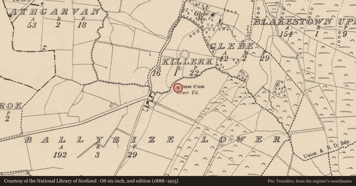 Ordnance Survey six-inch map, 2nd edition (1888–1915) covering the location of Church, Ballysize Lower, County Wicklow, with a pin at the register's coordinates