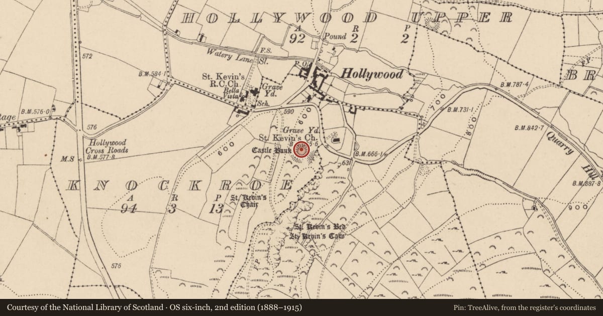 Ordnance Survey six-inch map, 2nd edition (1888–1915) covering the location of Castle - motte and bailey, Knockroe, County Wicklow, with a pin at the register's coordinates
