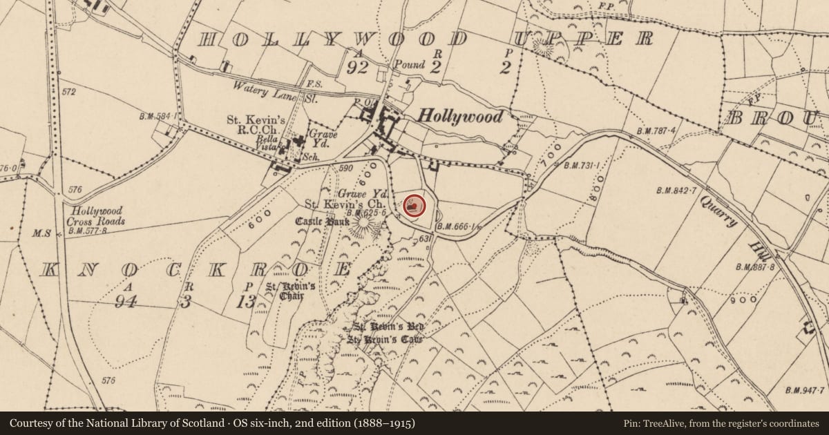 Ordnance Survey six-inch map, 2nd edition (1888–1915) covering the location of Church, Dragoonhill, County Wicklow, with a pin at the register's coordinates