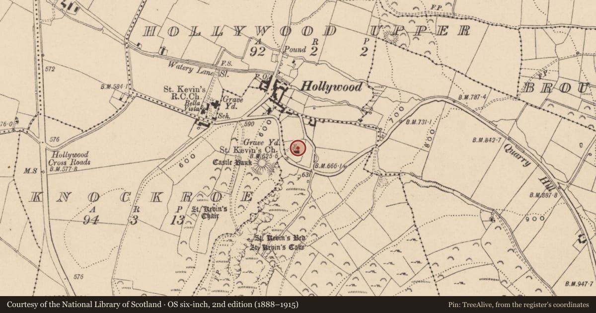Ordnance Survey six-inch map, 2nd edition (1888–1915) covering the location of Graveyard, Dragoonhill, County Wicklow, with a pin at the register's coordinates