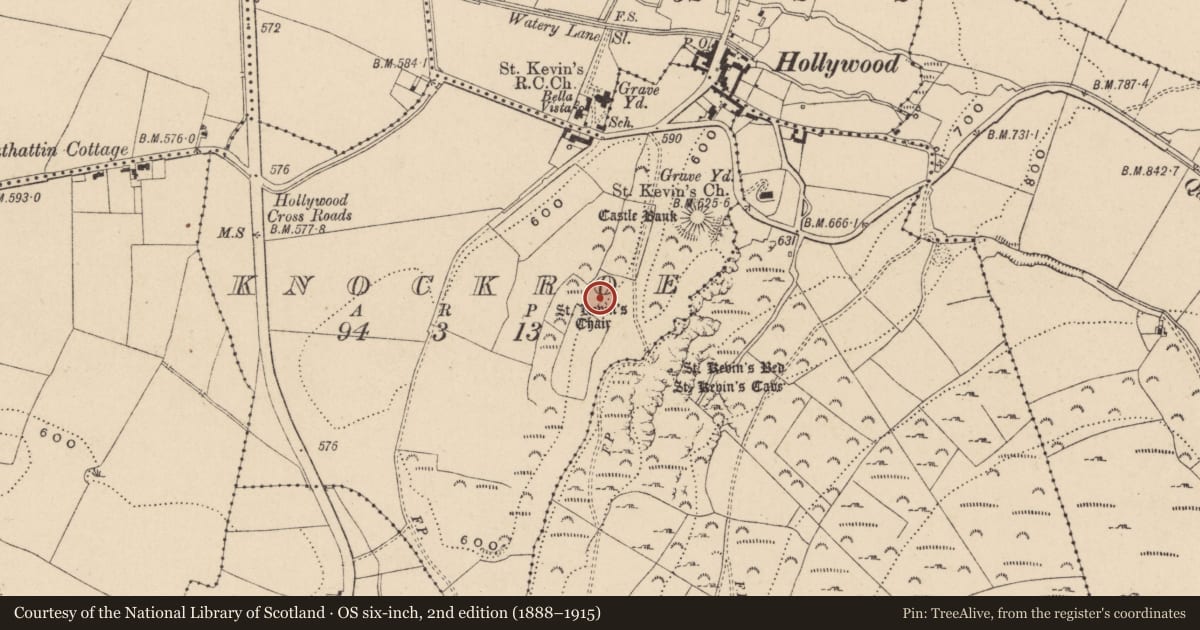 Ordnance Survey six-inch map, 2nd edition (1888–1915) covering the location of Ritual site - holy/saint's stone, Knockroe, County Wicklow, with a pin at the register's coordinates