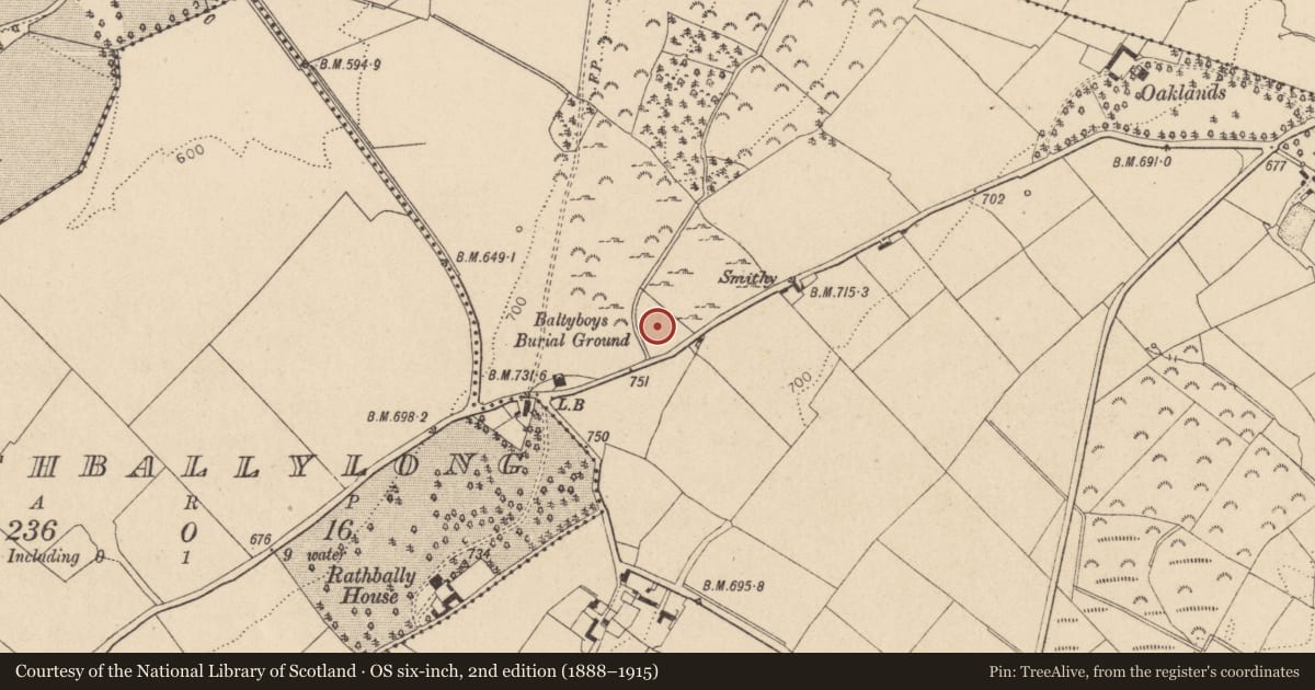 Ordnance Survey six-inch map, 2nd edition (1888–1915) covering the location of Burial ground, Boystown Or Baltyboys Upper, County Wicklow, with a pin at the register's coordinates