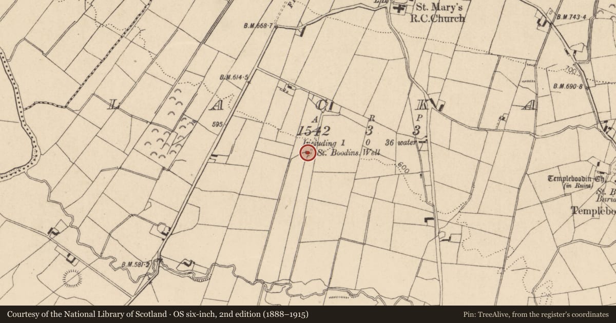 Ordnance Survey six-inch map, 2nd edition (1888–1915) covering the location of Ritual site - holy well, Lackan, County Wicklow, with a pin at the register's coordinates