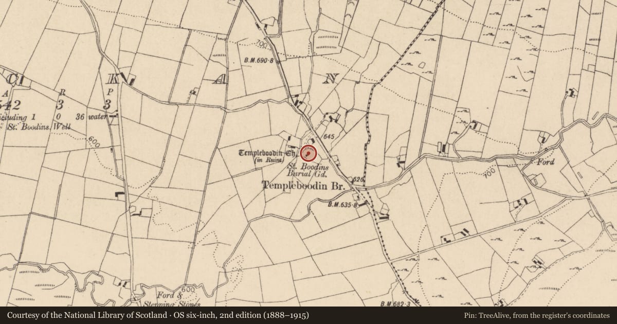 Ordnance Survey six-inch map, 2nd edition (1888–1915) covering the location of Church, Lackan, County Wicklow, with a pin at the register's coordinates