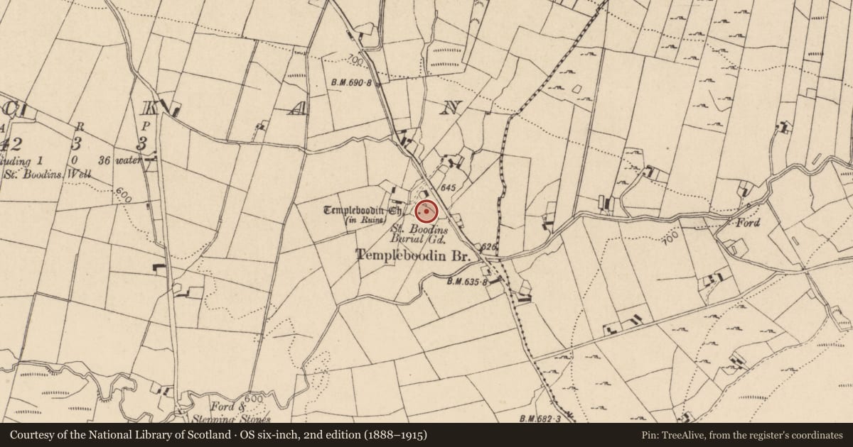 Ordnance Survey six-inch map, 2nd edition (1888–1915) covering the location of Ecclesiastical enclosure, Lackan, County Wicklow, with a pin at the register's coordinates