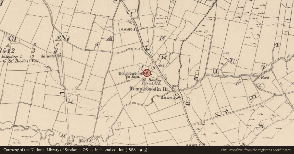 Ordnance Survey six-inch map, 2nd edition (1888–1915) covering the location of Bullaun stone, Lackan, County Wicklow, with a pin at the register's coordinates