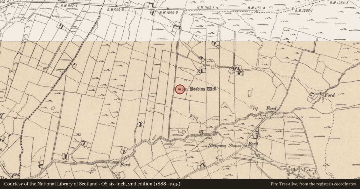Ordnance Survey six-inch map, 2nd edition (1888–1915) covering the location of Ritual site - holy well, Kilbeg, County Wicklow, with a pin at the register's coordinates