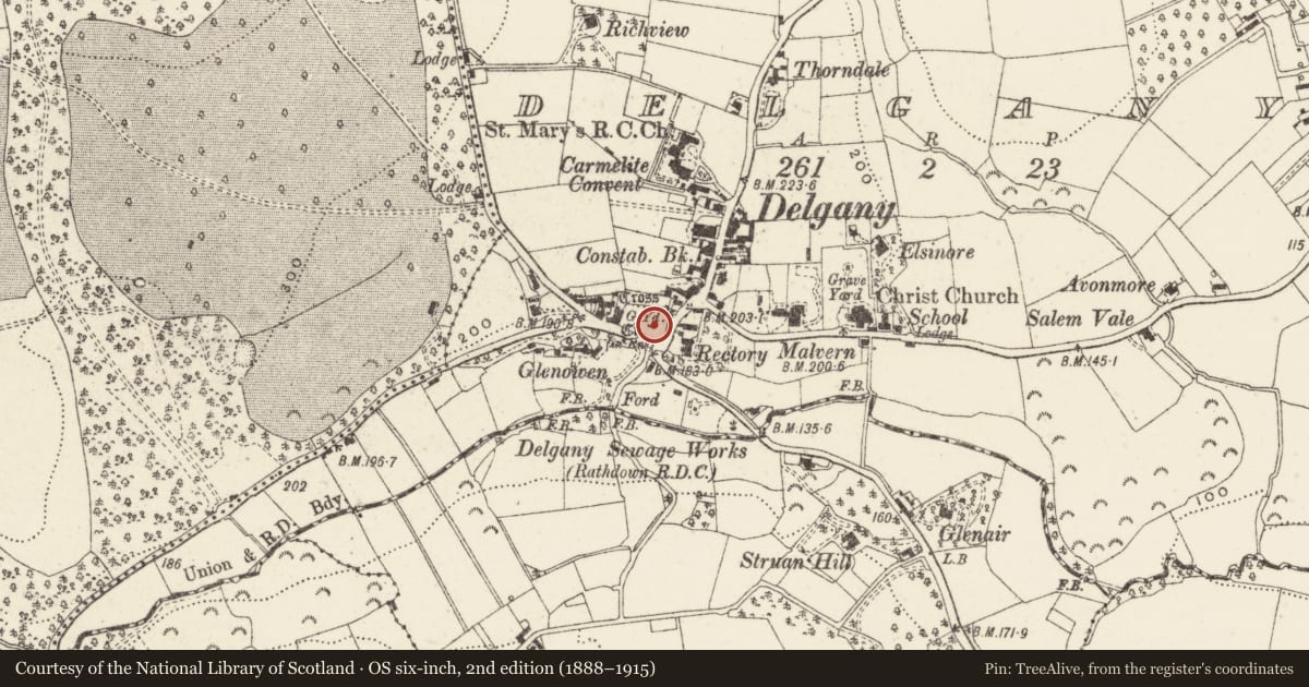 Ordnance Survey six-inch map, 2nd edition (1888–1915) covering the location of Church, Delgany, County Wicklow, with a pin at the register's coordinates