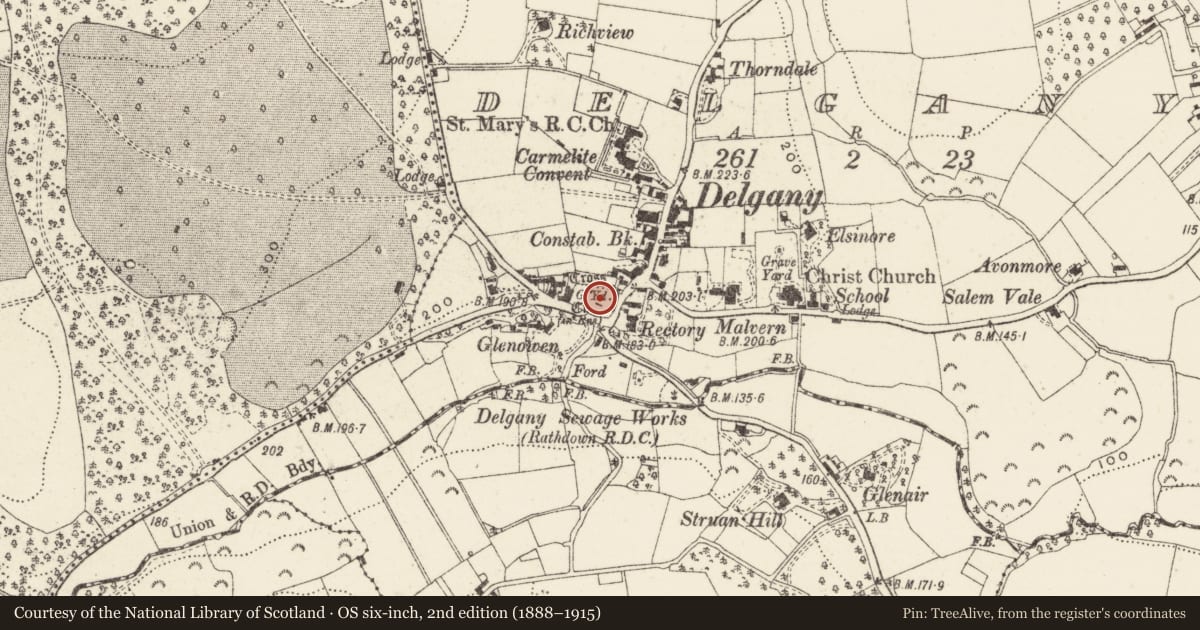 Ordnance Survey six-inch map, 2nd edition (1888–1915) covering the location of Graveyard, Delgany, County Wicklow, with a pin at the register's coordinates