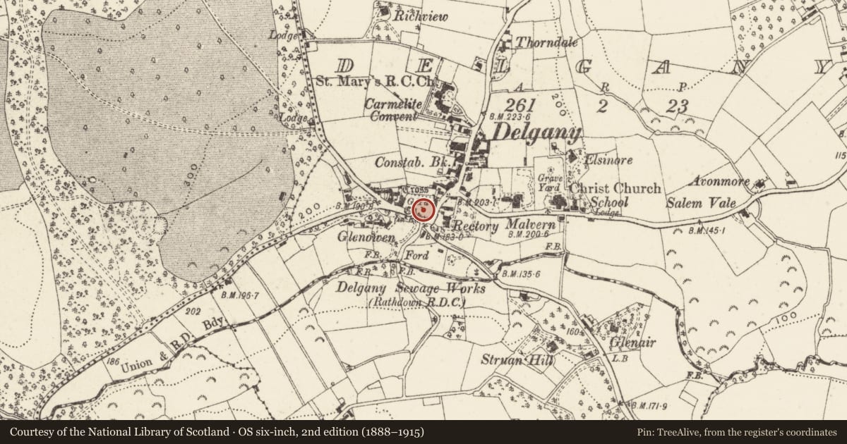 Ordnance Survey six-inch map, 2nd edition (1888–1915) covering the location of Font, Delgany, County Wicklow, with a pin at the register's coordinates
