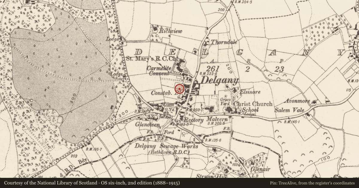 Ordnance Survey six-inch map, 2nd edition (1888–1915) covering the location of Road - hollow-way, Delgany, County Wicklow, with a pin at the register's coordinates