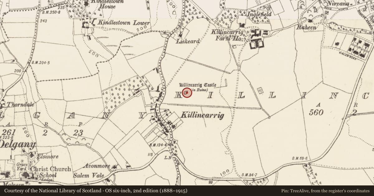 Ordnance Survey six-inch map, 2nd edition (1888–1915) covering the location of House - 16th/17th century, Killincarrig, County Wicklow, with a pin at the register's coordinates