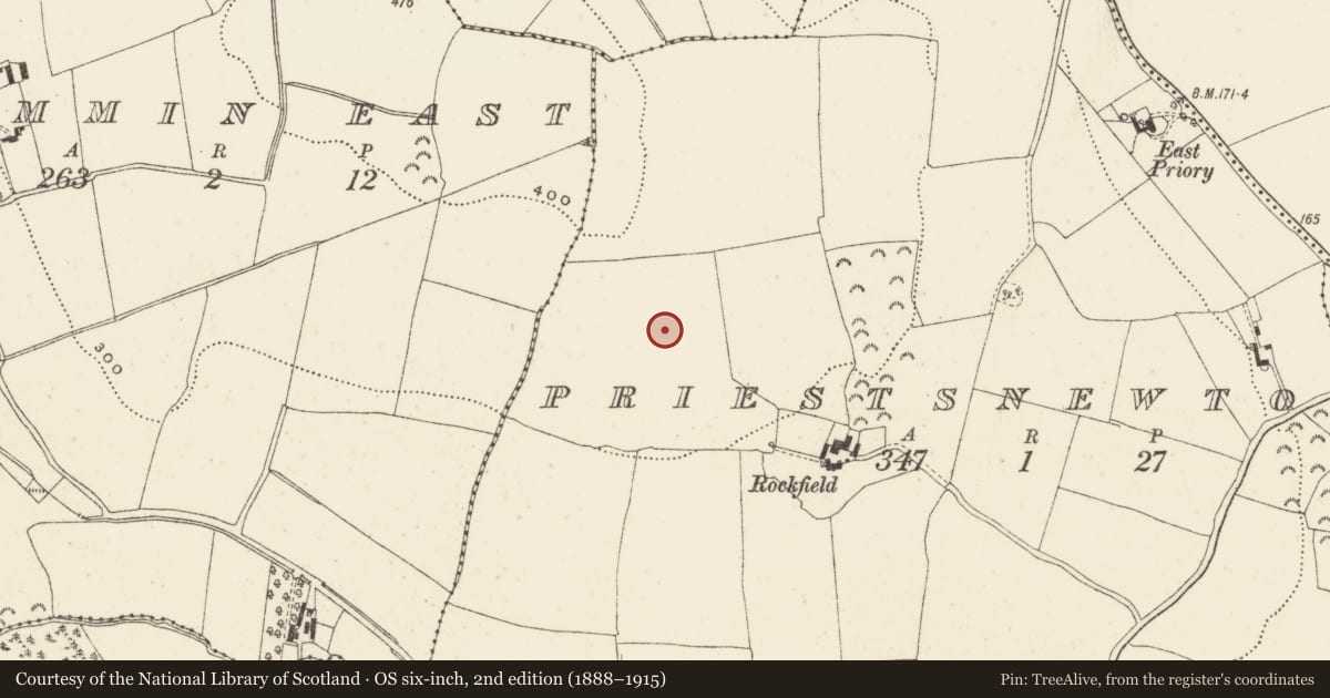 Ordnance Survey six-inch map, 2nd edition (1888–1915) covering the location of Enclosure, Priestsnewtown, County Wicklow, with a pin at the register's coordinates