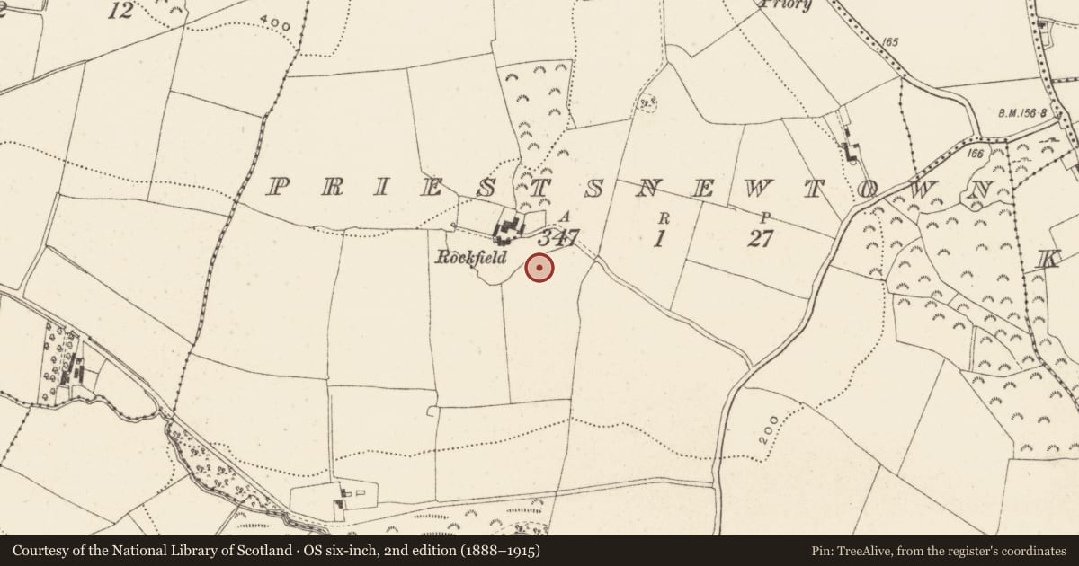 Ordnance Survey six-inch map, 2nd edition (1888–1915) covering the location of Enclosure, Priestsnewtown, County Wicklow, with a pin at the register's coordinates