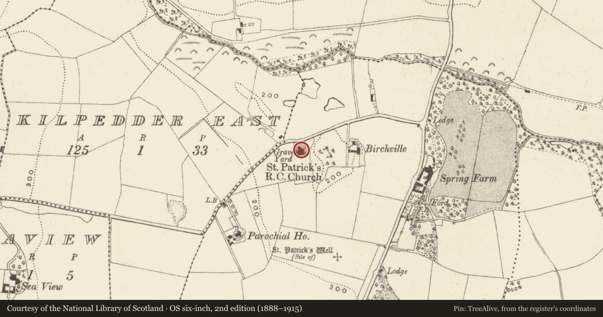 Ordnance Survey six-inch map, 2nd edition (1888–1915) covering the location of Church, Kilquade, County Wicklow, with a pin at the register's coordinates