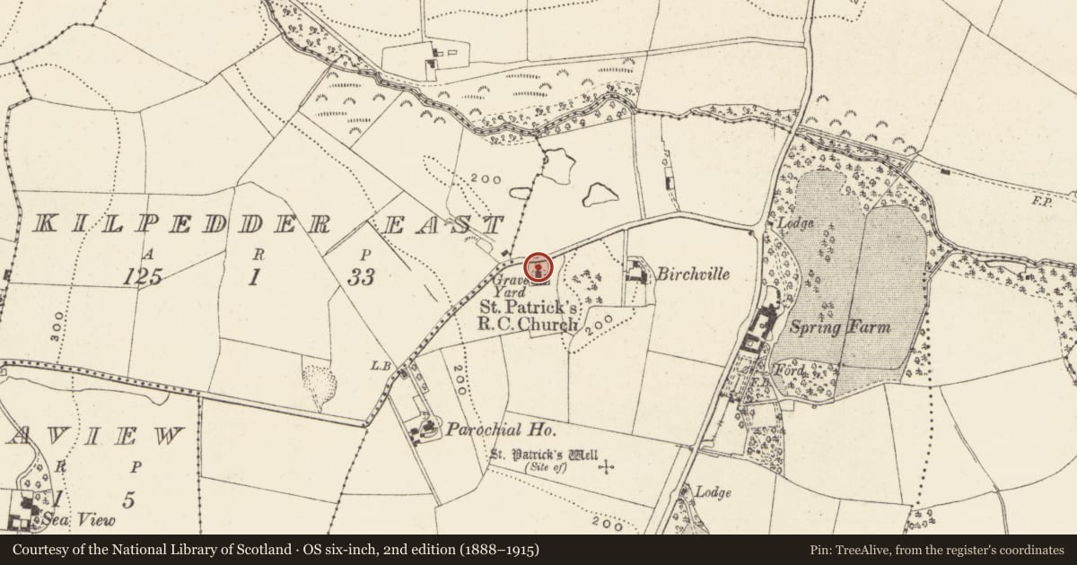 Ordnance Survey six-inch map, 2nd edition (1888–1915) covering the location of Font, Kilquade, County Wicklow, with a pin at the register's coordinates