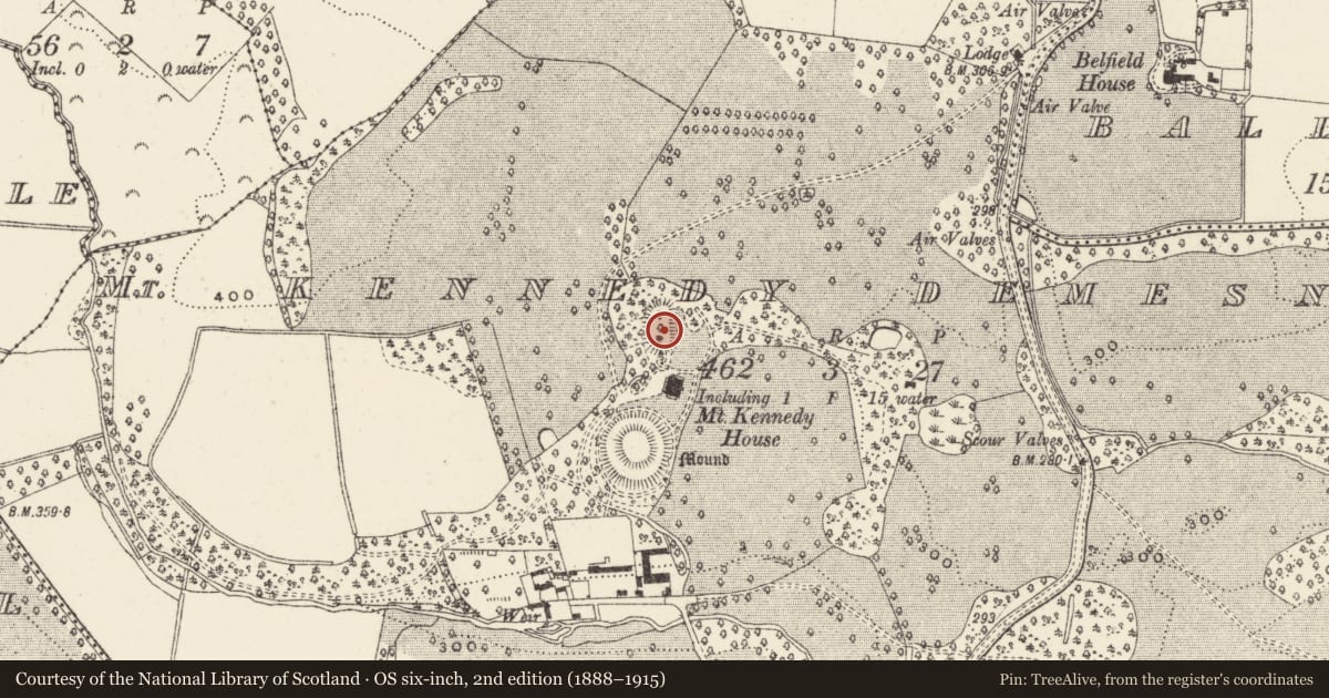 Ordnance Survey six-inch map, 2nd edition (1888–1915) covering the location of Mound, Mount Kennedy Demesne, County Wicklow, with a pin at the register's coordinates