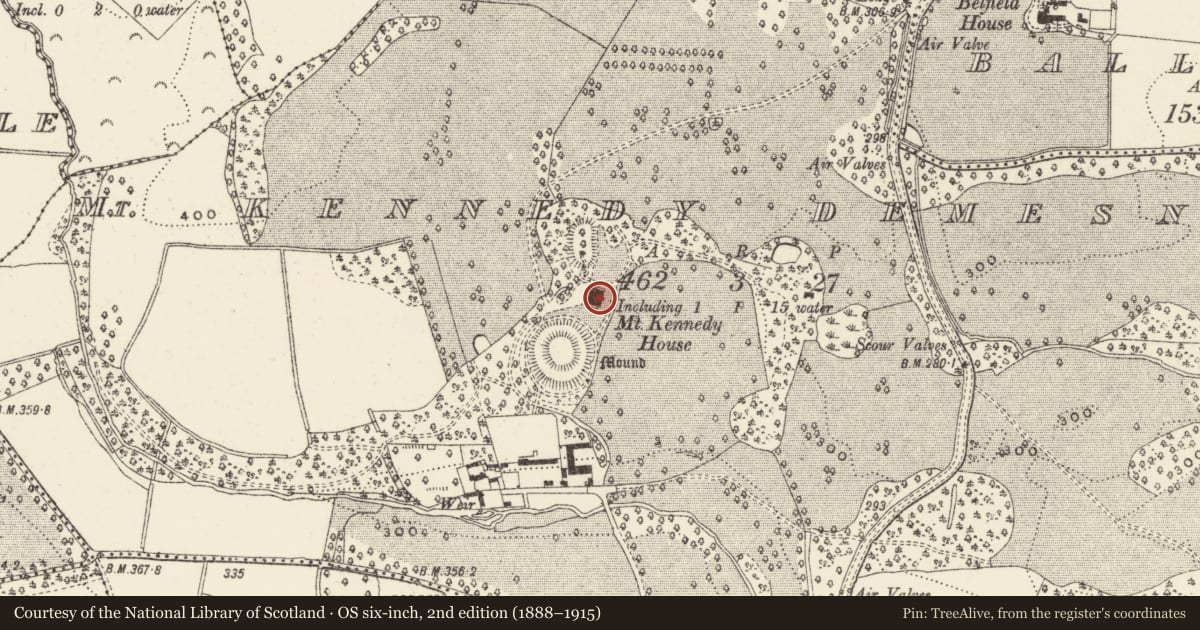 Ordnance Survey six-inch map, 2nd edition (1888–1915) covering the location of House - 16th/17th century, Mount Kennedy Demesne, County Wicklow, with a pin at the register's coordinates