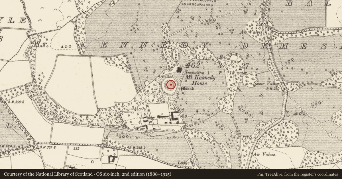 Ordnance Survey six-inch map, 2nd edition (1888–1915) covering the location of Castle - motte, Mount Kennedy Demesne, County Wicklow, with a pin at the register's coordinates