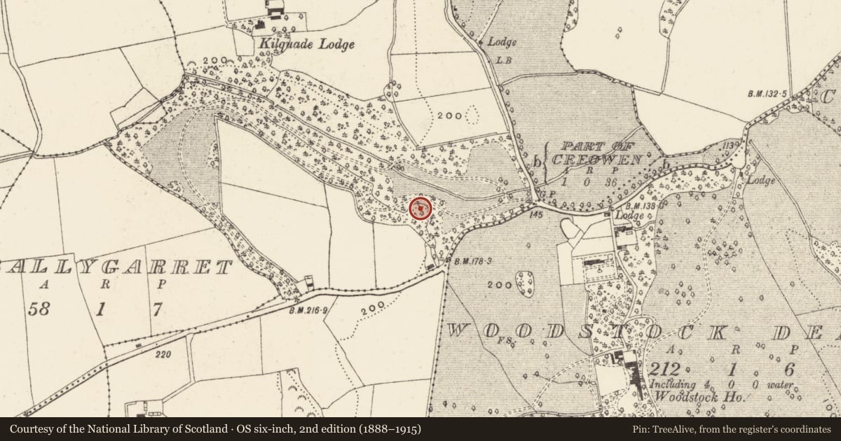 Ordnance Survey six-inch map, 2nd edition (1888–1915) covering the location of Enclosure, Kilquade, County Wicklow, with a pin at the register's coordinates